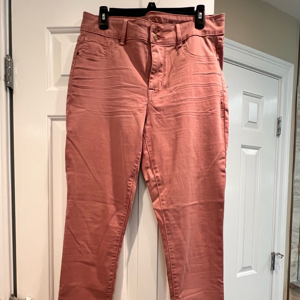 Maurice’s High Rise Rose colored skinny jeans.